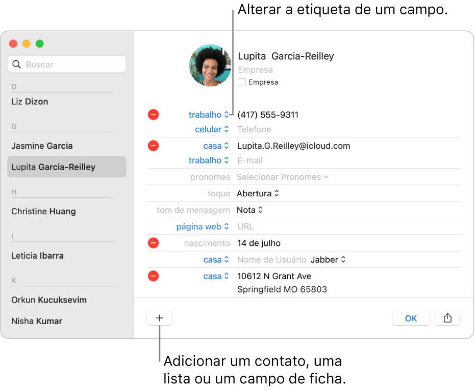 Cartão de contato mostrando a etiqueta de um campo que pode ser alterada e o botão na parte inferior do cartão para adicionar um contato, lista ou campo de cartão.