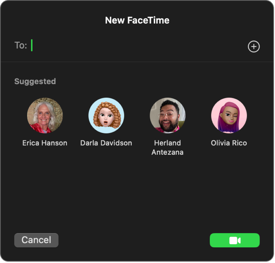 La nouvelle fenêtre FaceTime ; saisissez les appelants directement dans le champ À ou choisissez-les dans Suggestions.