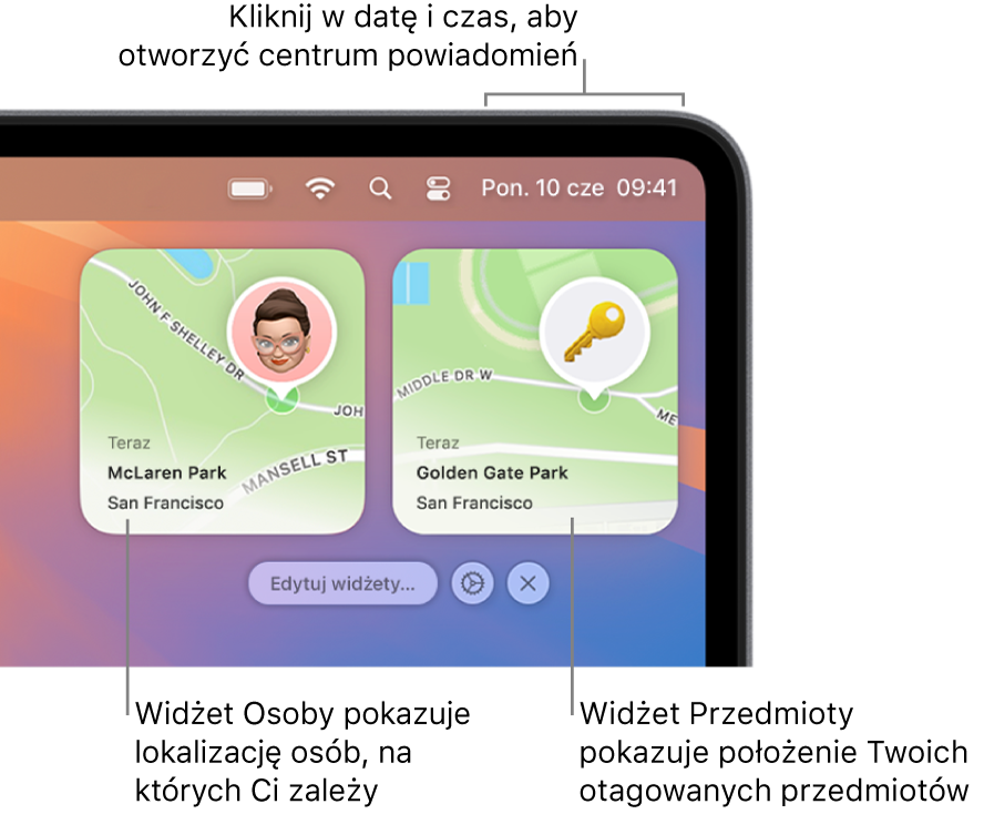 Dwa widżety aplikacji Znajdź — widżet Osoby pokazujący położenie osoby, oraz widżet Przedmioty pokazujący położenie kluczy. Kliknij w datę i godzinę na pasku menu, aby otworzyć centrum powiadomień.