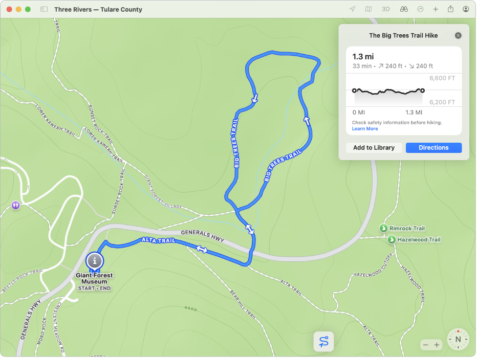 A topographic map of a trail showing its length, elevation gain and loss, and route.