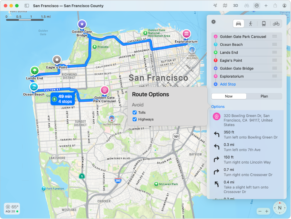 A map of San Francisco showing a route with multiple stops.