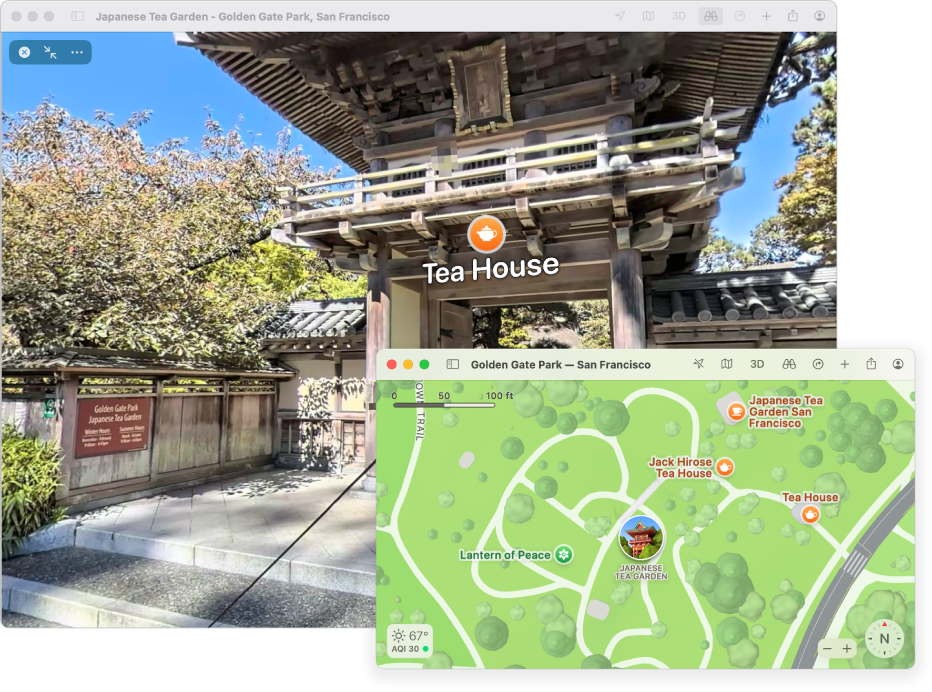 An interactive 360-degree view of a local attraction in San Francisco, with a 3D map in the lower-right corner.