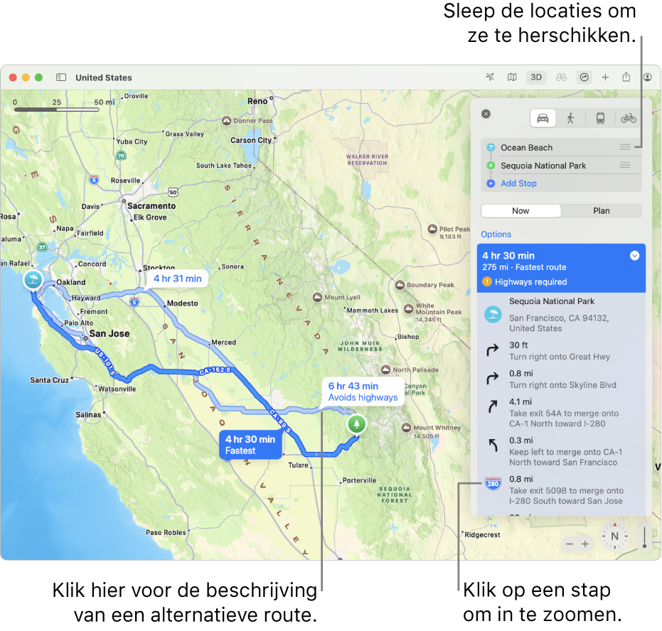 Een kaart van de regio San Francisco met aanwijzingen voor een autoroute tussen twee locaties. Er worden ook alternatieve routes weergegeven op de kaart.