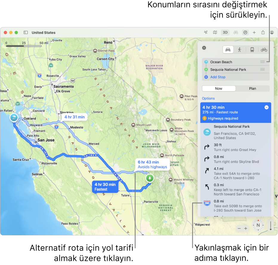 İki konum arasındaki bir sürüş güzergâhı için yol tarifi içeren San Francisco bölgesinin haritası. Haritada alternatif güzergâhlar da gösteriliyor.