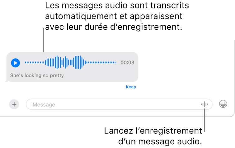 Conversation Messages avec le bouton « Enregistrer l’audio » en regard du champ du message au bas de la fenêtre. Un message audio avec sa transcription s’affiche avec sa durée dans la conversation.