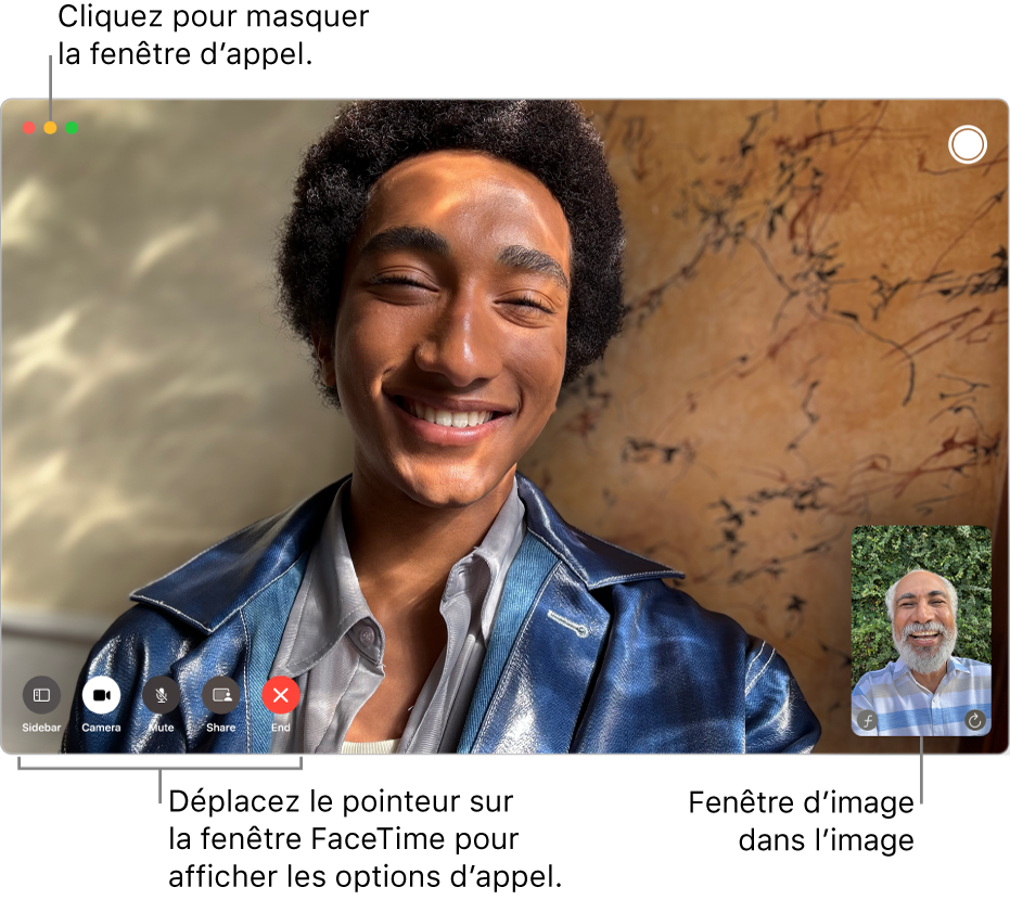 Un appel FaceTime vidéo est en cours. La fenêtre d’image dans l’image apparaît dans le coin supérieur droit, avec les options de l’appel FaceTime dans le coin inférieur gauche.