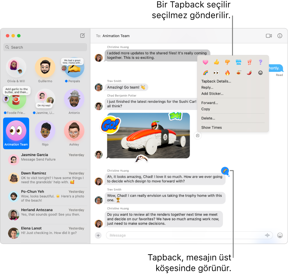 Mesajın üst köşesinde mesaja yanıtınızı belirten bir emoji Tapback görünüyor. Tapback seçenekleri dizisi bir menüde görünüyor. Seçenekler klasik Tapback’leri (kalp, başparmak yukarı, başparmak aşağı, kahkaha, ünlem işaretleri ve soru işareti) ve emoji Tapback’lerini içerir.