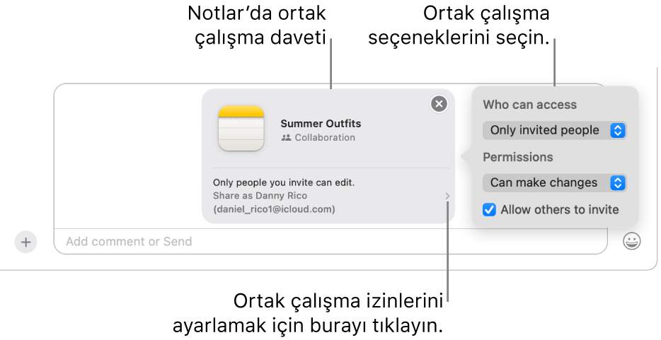 Mesajlar yazışmasının en altındaki metin alanının yakın çekim görüntüsü. Bir not üzerinde ortak çalışma daveti var. Ortak çalışma izinlerini ayarlamak için davetin sağ tarafını tıklayabilirsiniz.