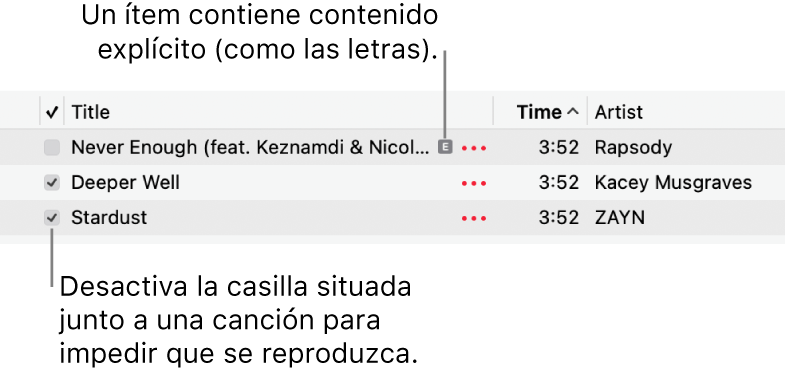 Detalle de la lista de canciones en Música, con las casillas y un símbolo explícito de la primera canción (que indica que incluye contenido específico como las letras). Anula la selección de la casilla en aquellas canciones que no quieras reproducir.