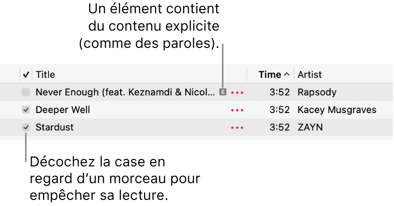 Détail de la liste des morceaux dans Musique, avec les cases et un symbole explicite pour le premier morceau indiquant qu’il contient du contenu explicite, comme ses paroles. Décochez la case en regard d’un morceau pour empêcher la lecture de ce dernier.