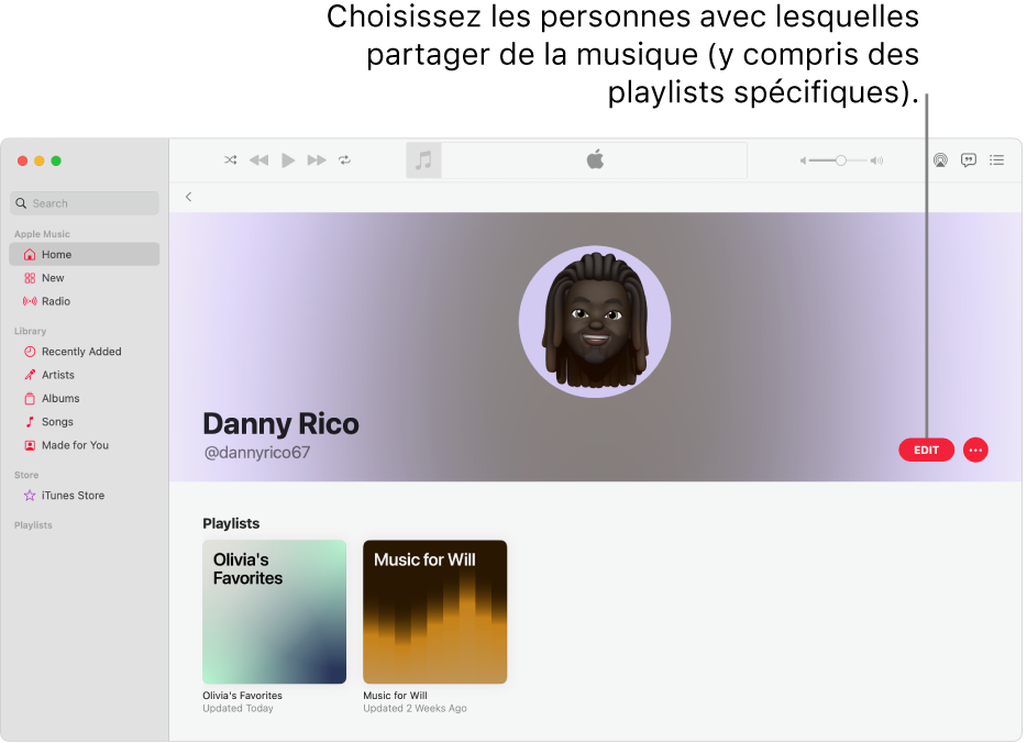 La page de profil dans Apple Music : sur le côté droit de la fenêtre, cliquez sur Modifier pour choisir qui peut vous suivre. À droite de Modifier, cliquez sur le bouton Plus pour partager votre musique.