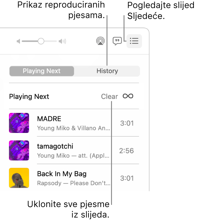 Odabrana je tipka Sljedeće u gornjem desnom kutu usluge Apple Music i vidljiv je redoslijed. Kliknite link Povijest za prikaz popisa prethodno reproduciranih pjesama. Kliknite link Očisti za uklanjanje svih pjesama iz redoslijeda.