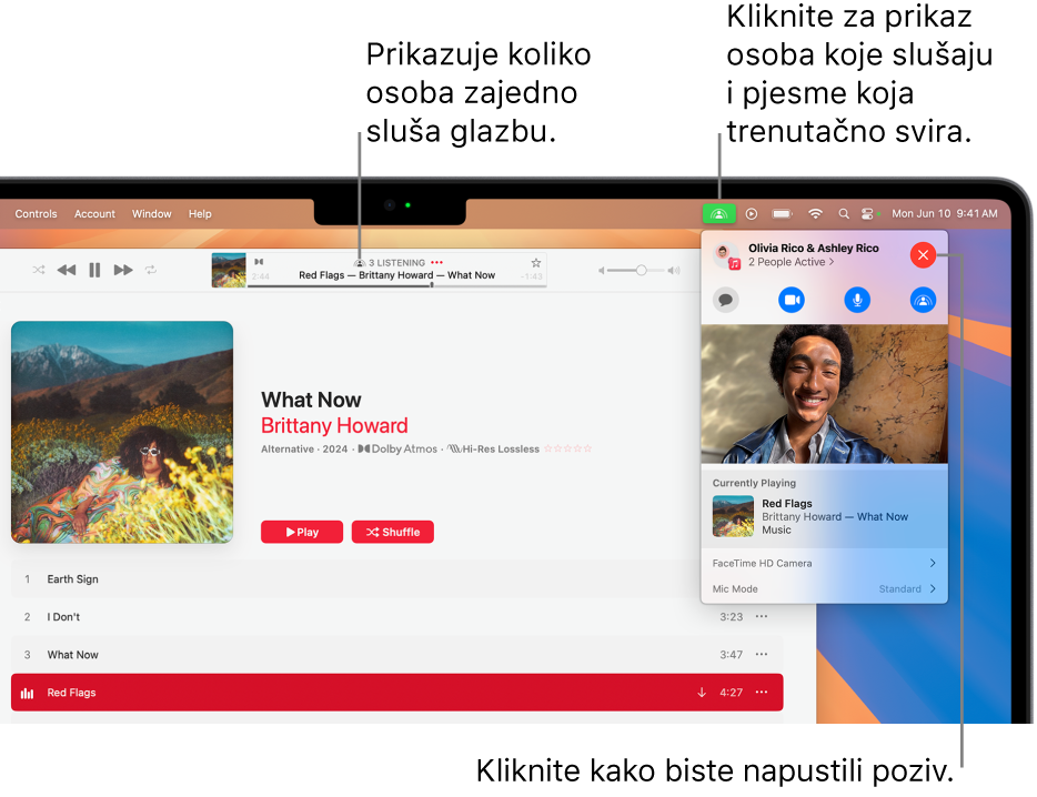 Prozor Apple Musica s pjesmo koja se reproducira dok se koristi SharePlay. Prozor reprodukcije prikazuje koliko osoba sluša glazbu zajedno. S desne strane klika se ikona SharePlay i možete vidjeti tko sluša te pjesmu koja se trenutačno reproducira. S desne strane možete kliknuti na tipku Zatvori.