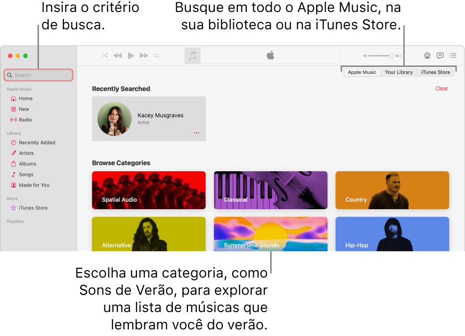 Janela do Apple Music mostrando o campo de busca no canto superior esquerdo, a lista de categorias no centro da janela e Apple Music, Sua Biblioteca e iTunes Store disponíveis no canto superior direito. Digite critérios de busca no campo de busca e opte por buscar em todo o Apple Music, apenas na biblioteca ou na iTunes Store.