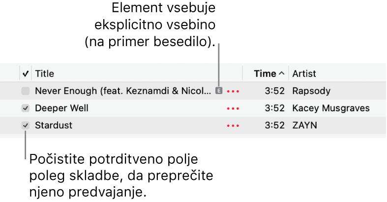 Podrobnost seznama skladb v Glasbi, ki prikazuje potrditvena polja in simbol nazorne vsebine za prvo skladbo (označuje, da vsebuje nazorno vsebino, kot je besedilo pesmi). Če želite preprečiti predvajanje skladbe, počistite potrditveno polje ob skladbi.