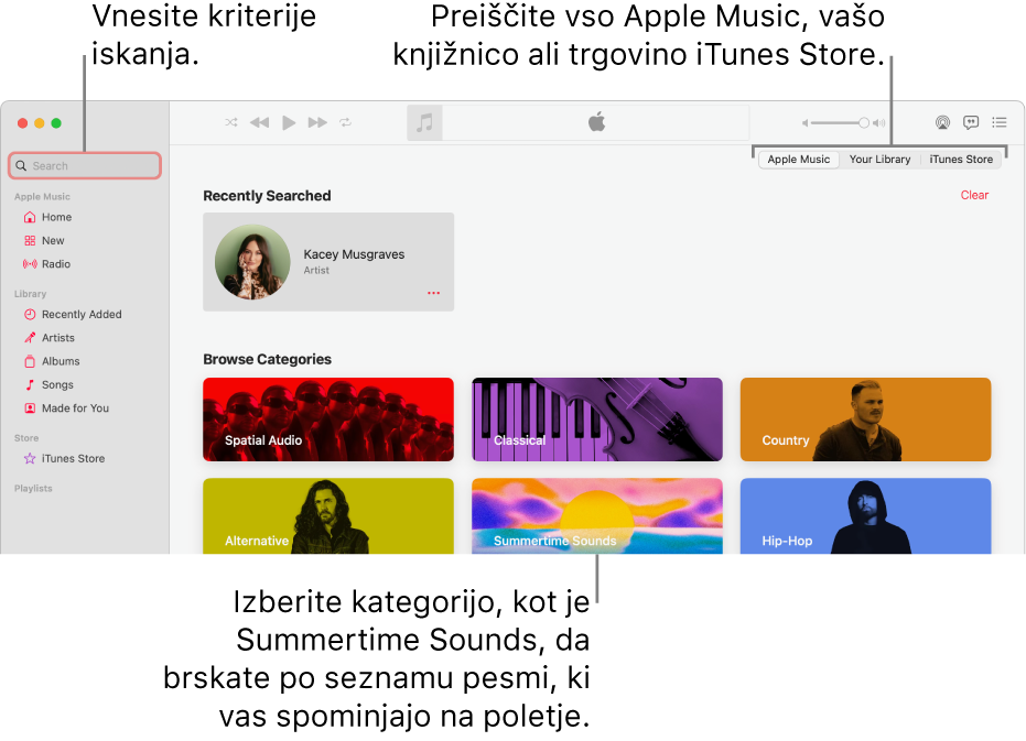 Okno storitve Apple Music, ki v zgornjem levem kotu prikazuje iskalno polje, na sredini seznam kategorij, v zgornjem desnem kotu pa možnosti Apple Music, Vaša knjižnica in iTunes Store. V iskalno polje vnesite merila iskanja in izberite, ali želite iskati po celotni storitvi Apple Music, samo v knjižnici ali v trgovini iTunes Store.