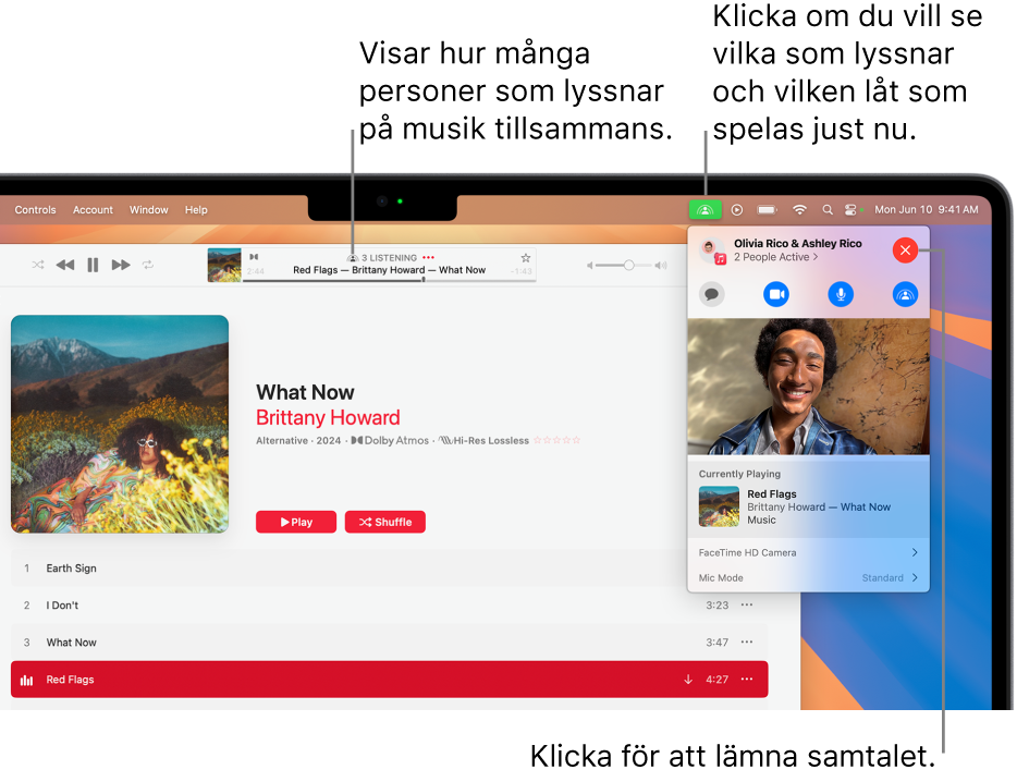 Apple Music-fönstret med en låt som spelas upp med SharePlay. Uppspelningsfönstret visar hur många som lyssnar på musik tillsammans. Till höger blir SharePlay-symbolen klickad på och du kan se vilka som lyssnar och låten som spelas upp just nu. Till höger kan du klicka på knappen Stäng.