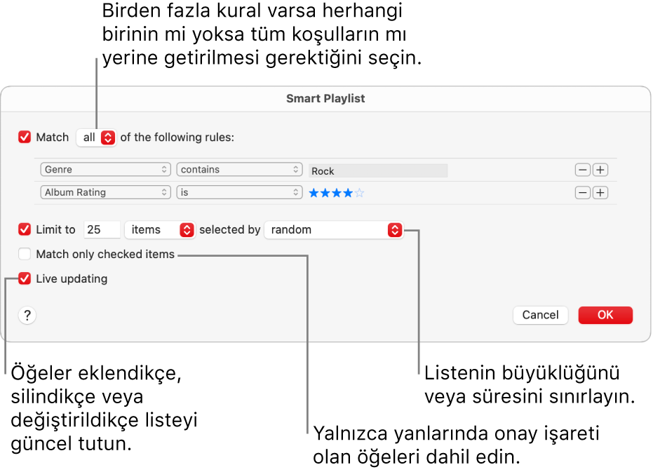 Akıllı Liste sorgu kutusu: Sol üst köşede Match’i seçin ve ardından liste kriterlerini (tür veya beğeni düzeyi gibi) belirleyin. Sağ üst köşedeki Ekle veya Sil düğmesini tıklayarak kural eklemeye veya silmeye devam edin. Sorgu kutusunun alt kısmında listenin boyutunu ve süresini sınırlandırma, yalnızca denetlenen parçaları ekleme veya arşivinizdeki öğeler değiştikçe Müzik’in listeyi güncellemesini sağlama gibi birçok seçenek arasından dilediğinizi belirleyin.