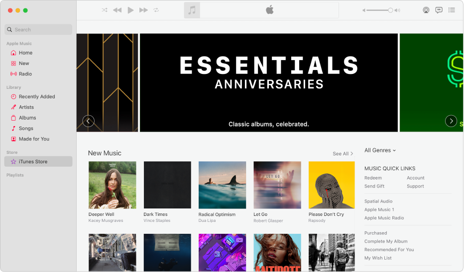 iTunes Store 主窗口：iTunes Store 在边栏中高亮标记。