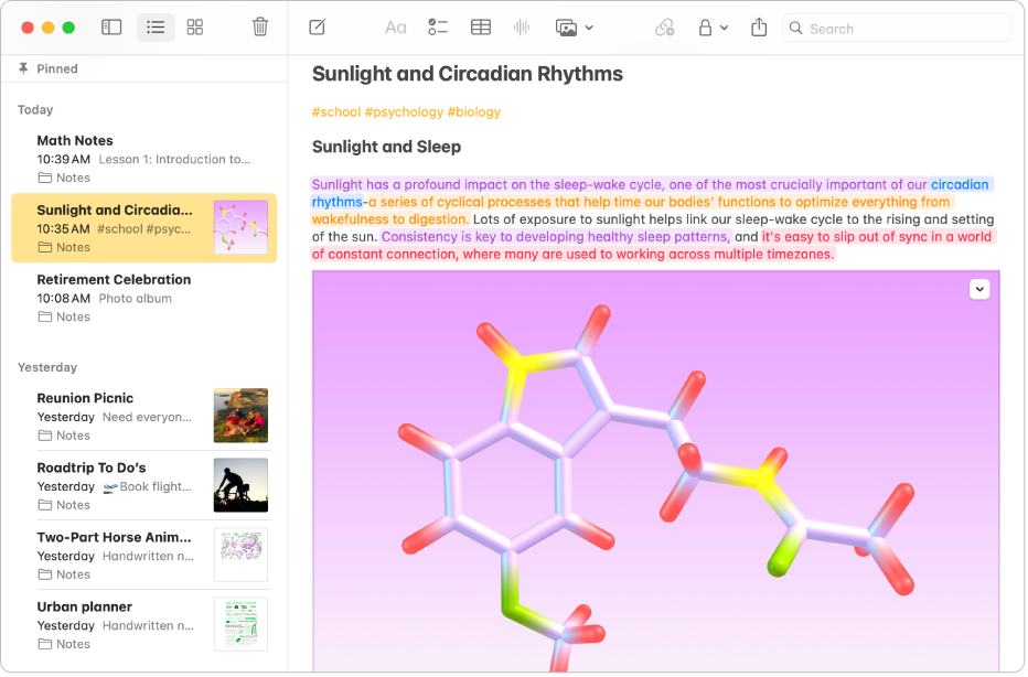 Une fenêtre de l’app Notes sur Mac affichant des surlignages de différentes couleurs. Par exemple, un mot clé est surligné en bleu tandis que la définition est surlignée en orange.