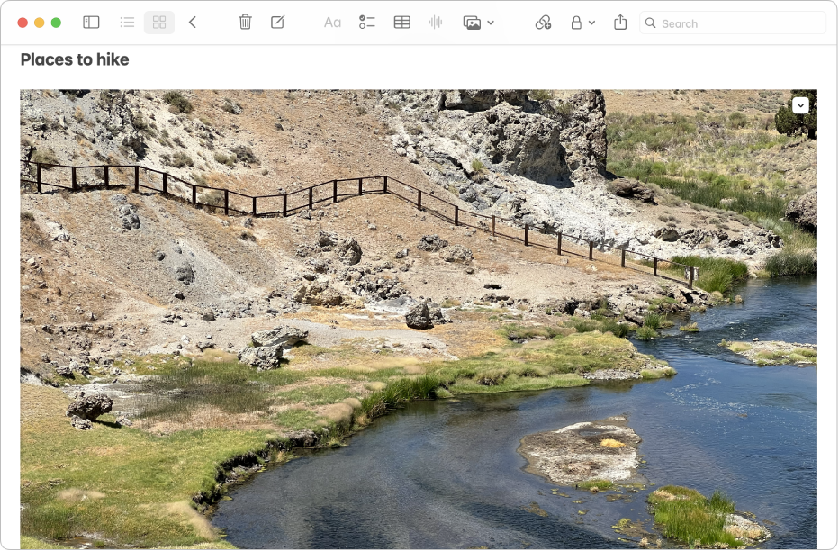 Une fenêtre d’une app Notes sur Mac, avec une note qui contient une grande photo montrant une colline et une rivière.