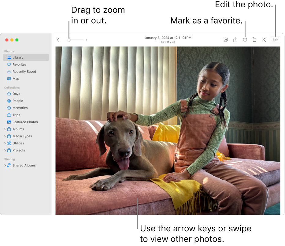 The Photos window showing an enlarged photo on the right. The toolbar at the top includes the Zoom slider, Favorite button, and Edit button.