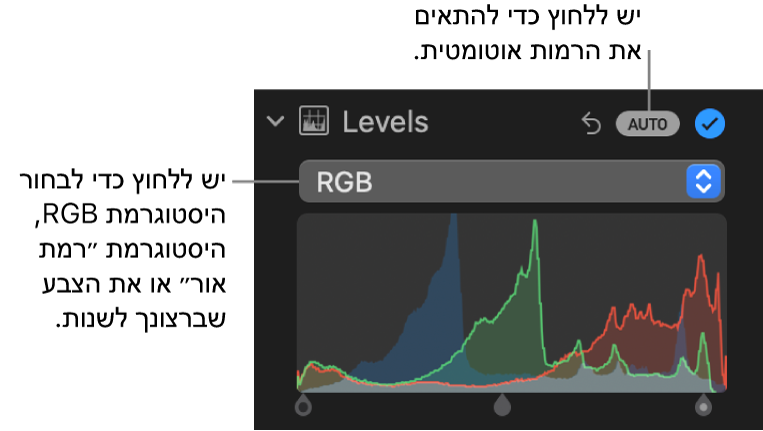 פקדי רמות בחלונית ״התאם״ המציגים את הכפתור ״אוטומטי״ בפינה השמאלית העליונה והיסטוגרמה של RGB מלמטה.