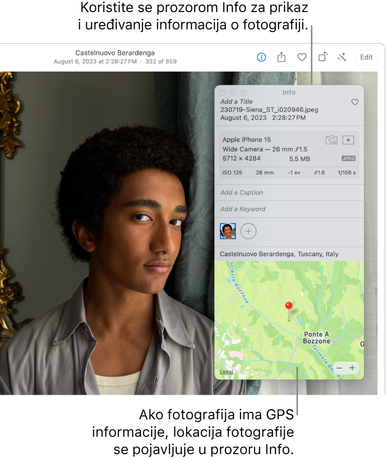 Fotografija je otvorena u aplikaciji Foto, s otvorenim informacijama o fotografiji.
