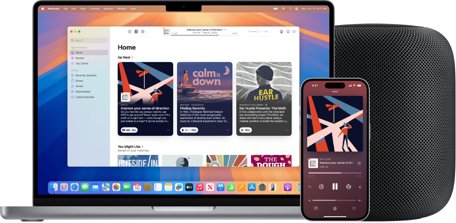 De Apple Podcasts-app op een Mac en een iPhone, met een HomePod op de achtergrond.