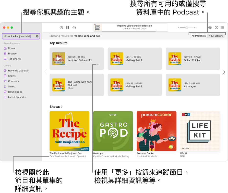 Podcast 視窗顯示左上角的搜尋欄位中輸入了文字，而符合搜所有 Podcast 尋條件的單集和節目顯示在畫面中的右側。按一下節目下方的連結來檢視有關節目和其單集的詳細資訊。使用節目的「更多」按鈕來追蹤節目、更改其設定等。