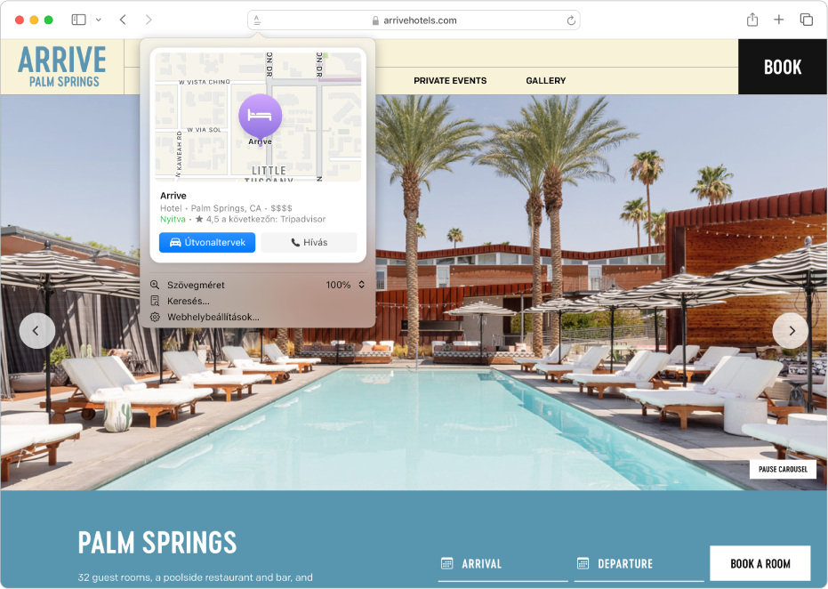 A Safari app egy Palm Springs-i szálloda Kiemelt tartalmaival, többek között egy térképpel, a hotel felhívására és az útvonaltervek lekérésére szolgáló gombokkal és egy, a foglalásra mutató linkkel.