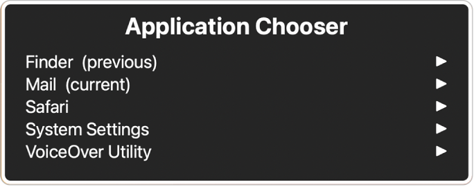 Die Programmauswahl listet fünf geöffnete Apps auf, darunter der Finder und die Systemeinstellungen. Rechts neben jedem Objekt in der Liste befindet sich ein Pfeil.