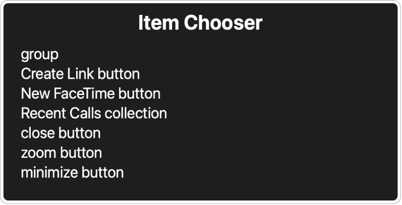 The Item Chooser panel listing items on the screen for quick navigation.