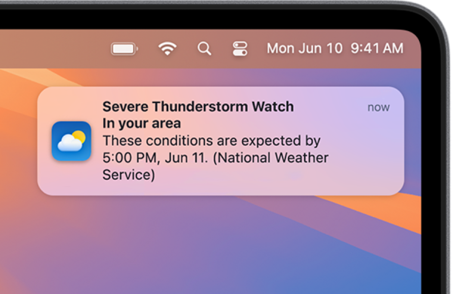 A notification showing an alert from the National Weather service about a severe thunderstorm.