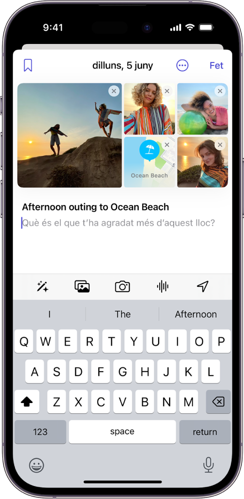 Pantalla per redactar una entrada al diari amb fotos a la part superior i un missatge per ajudar-te a començar a escriure.