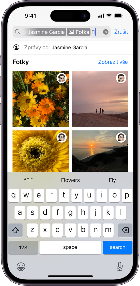 Vyhledávací pole v aplikaci Zprávy. Ve vyhledávacím poli je zobrazené kritérium, které omezuje hledání na fotky poslané jedním uživatelem.
