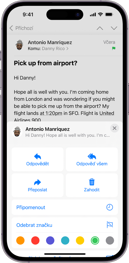 E‑mail s volbami pro odpovědi v dolní polovině obrazovky – mimo jiné je vidět tlačítko Odebrat značku a dostupné barvy značek
