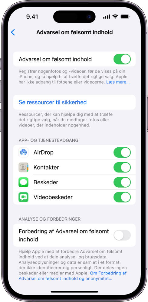Indstillingerne til Advarsel om følsomt indhold, med linket “Se ressourcer til sikkerhed” og knappen “Forbedring af Advarsel om følsomt indhold” til deling af analyse og brugsdata med Apple.