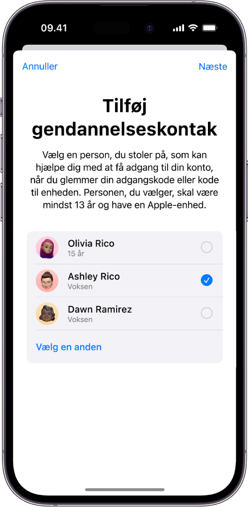 Skærmen Tilføj gendannelseskontakt, der viser foreslåede kontakter, der kan vælges som gendannelseskontakt, og muligheden for at vælge en anden.