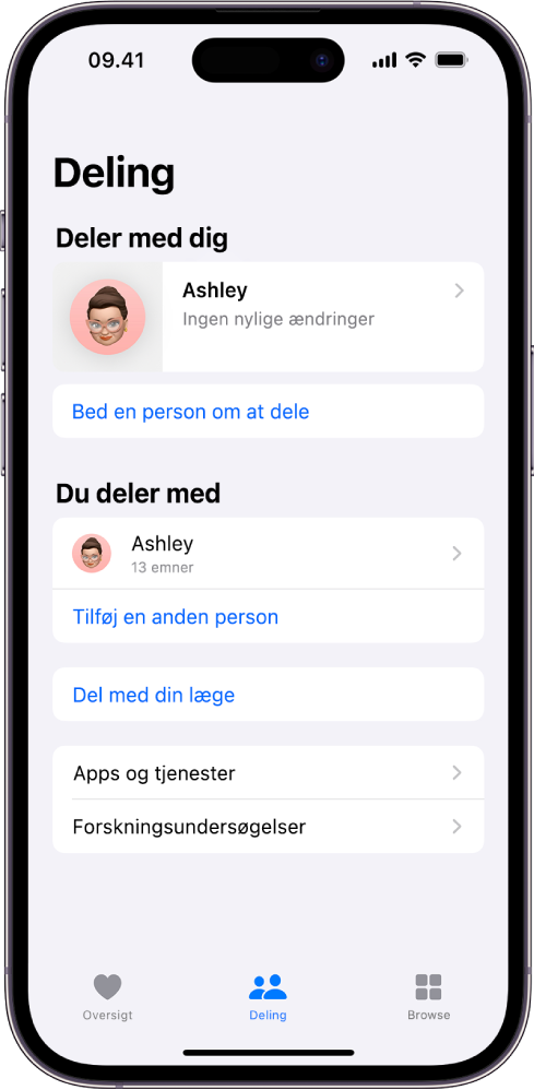 Skærmen Deling i appen Sundhed.