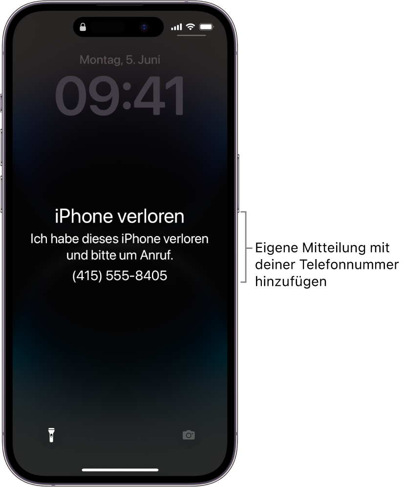 Ein iPhone-Sperrbildschirm mit der Nachricht „iPhone verloren“. Du kannst eine eigene Nachricht mit deiner Telefonnummer hinzufügen.