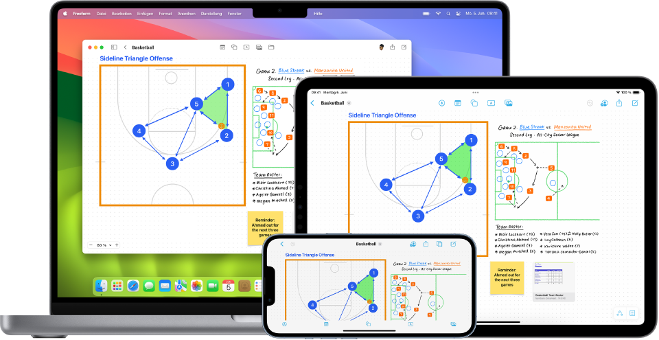 Ein Mac, iPad und iPhone mit der geöffneten App „Freeform“.