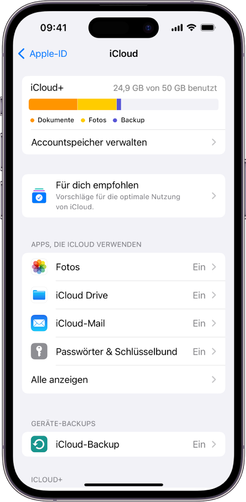 Bildschirm mit den iCloud-Einstellungen mit der Nutzungsanzeige für den iCloud-Speicher und einer Liste von Diensten wie „Fotos“, „iCloud Drive“ und „iCloud-Backup“, die mit iCloud verwendet werden können.