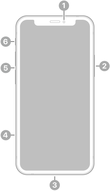 The front view of iPhone 12 mini. The front camera is at the top center. The side button is on the right side. The Lightning connector is on the bottom. On the left side, from bottom to top, are the SIM tray, the volume buttons, and the Ring/Silent switch.