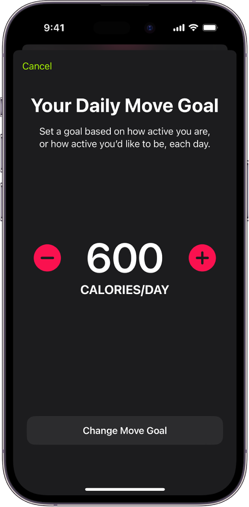 The Daily Move Goal screen showing a Move goal and buttons to increase or decrease the goal.