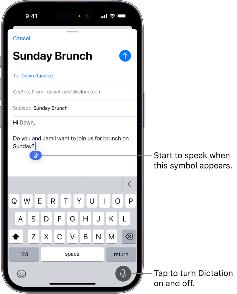 The onscreen keyboard is open in the Mail app. The Dictation button in the bottom-right corner of the screen is selected and the Dictation button appears below the insertion point in the text field.