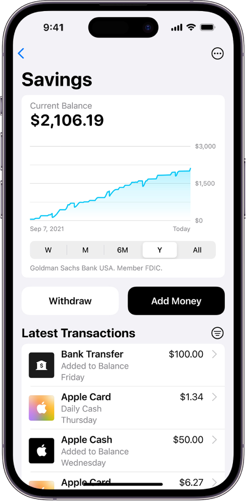 A screen showing the details of a Savings account, including the current balance and a graph of the balance over time at the top, buttons to withdraw or add money at the center, and the latest transaction at the bottom.