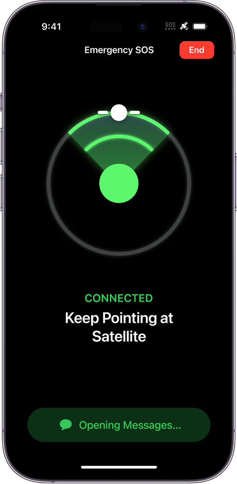 The Emergency SOS screen, showing that the phone is connected and instructing the user to keep pointing at the satellite. The Opening Messages button is at the bottom of the screen.