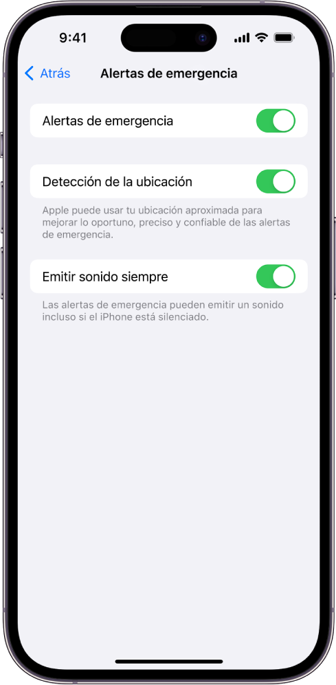 La pantalla Alertas de emergencia, con las opciones Alertas de emergencia, Reconocimiento de la ubicación y Emitir sonido siempre activadas.