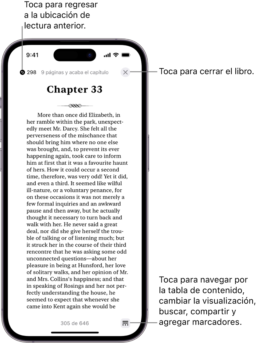 Una página en un libro en la app Libros. En la parte superior de la pantalla hay botones para regresar a la página desde la que se empezó a leer y para cerrar el libro. En la parte inferior derecha de la pantalla está el botón Menú.